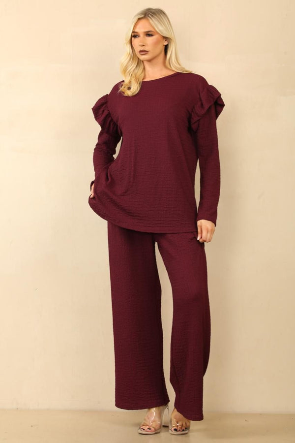 Kind Vibe Women's Frill Arm Flared Trousers and Top Loungewear Co-ord Set - Wine
