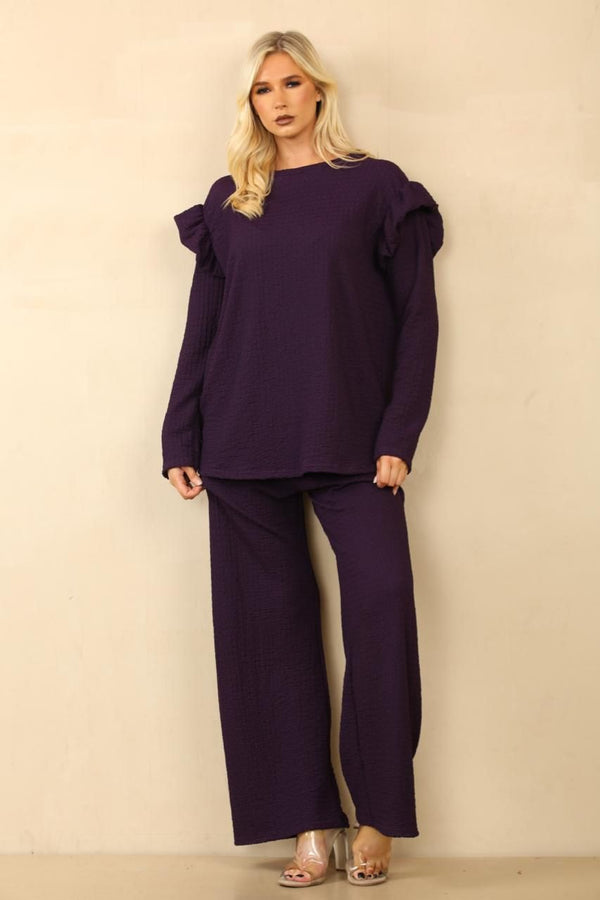 Kind Vibe Women's Frill Arm Flared Trousers and Top Loungewear Co-ord Set - Purple