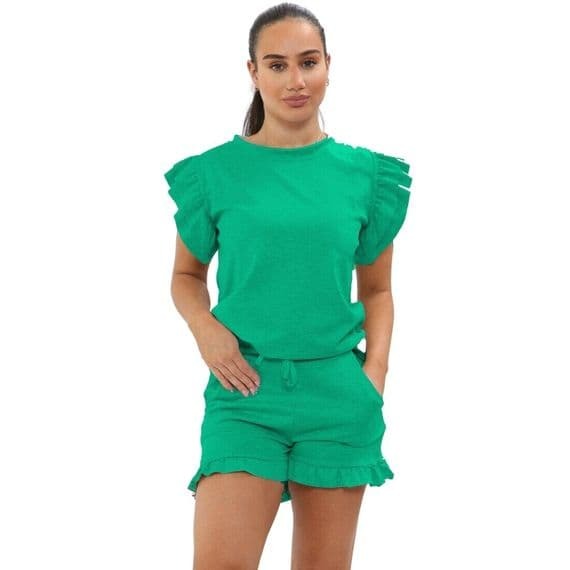 Kind Vibe Women's Frill Peplum Short Sleeve Top and Shorts Co-ord Set - Green