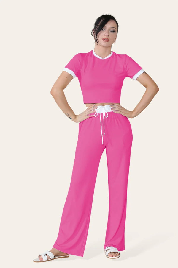 Kind Vibe Women's Ribbed Contras Cap Sleeve Crop Top and Trouser Two Piece Co-ord Set - Hot Pink
