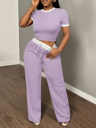 Kind Vibe Women's Ribbed Contras Cap Sleeve Crop Top and Trouser Two Piece Co-ord Set - Lilac