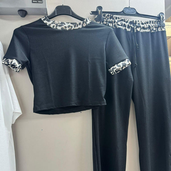 Kind Vibe Women's Ribbed Contras Cap Sleeve Crop Top and Trouser Two Piece Co-ord Set - Black Leopard