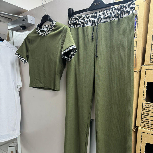 Kind Vibe Women's Ribbed Contras Cap Sleeve Crop Top and Trouser Two Piece Co-ord Set - Khaki Leopard