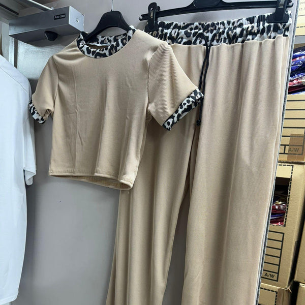 Kind Vibe Women's Ribbed Contras Cap Sleeve Crop Top and Trouser Two Piece Co-ord Set - Beige Leopard