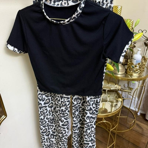Kind Vibe Women's Ribbed Contras Cap Sleeve Crop Top and Trouser Two Piece Co-ord Set - Full Leopard