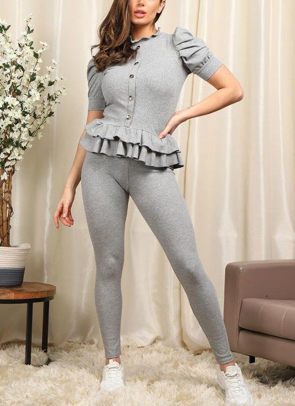 Kind Vibe Women's Short Sleeve Frill Loungewear Set - Grey