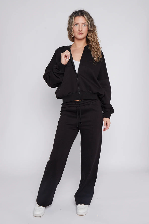 Kind Vibe Premium Rising Label Women's Bomber Sweatshirt With Zip And Joggers Loungewear Set - Black