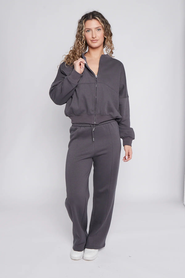Kind Vibe Premium Rising Label Women's Bomber Sweatshirt With Zip And Joggers Loungewear Set - Slate Grey