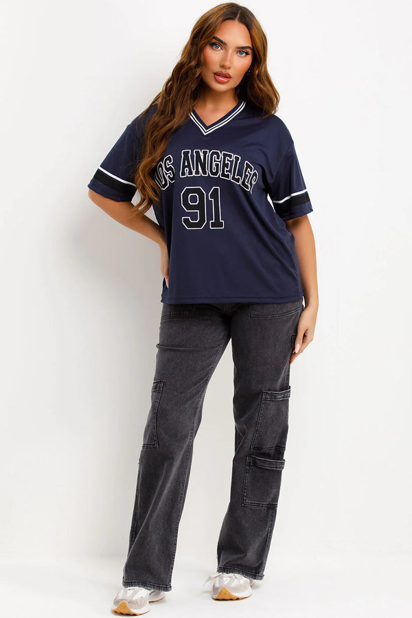 Kind Vibe Women's Los Angeles 91 Jersey T-Shirt Top - Navy