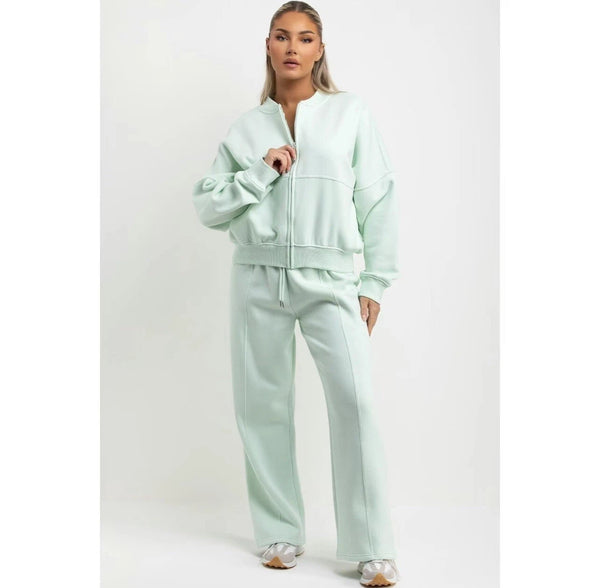 Kind Vibe Premium Rising Label Women's Bomber Sweatshirt With Zip And Joggers Loungewear Set - Mint