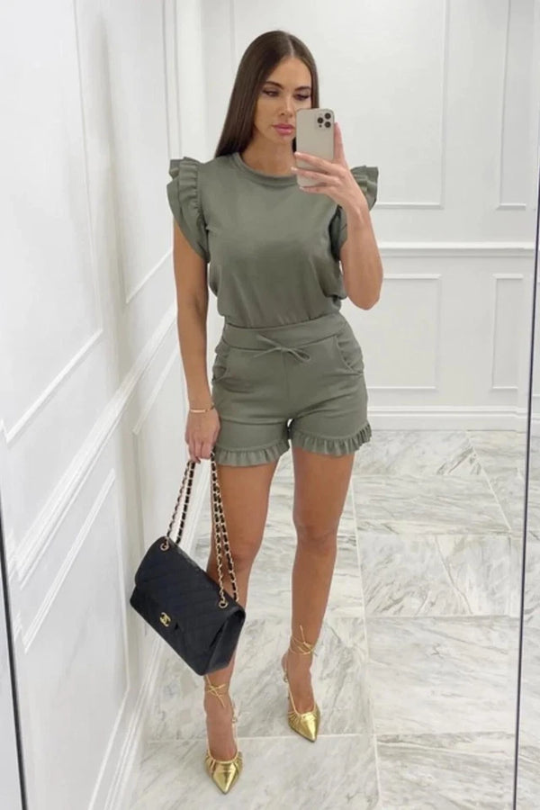 Kind Vibe Women's Frill Peplum Short Sleeve Top and Shorts Co ord Set Comfort - Khaki