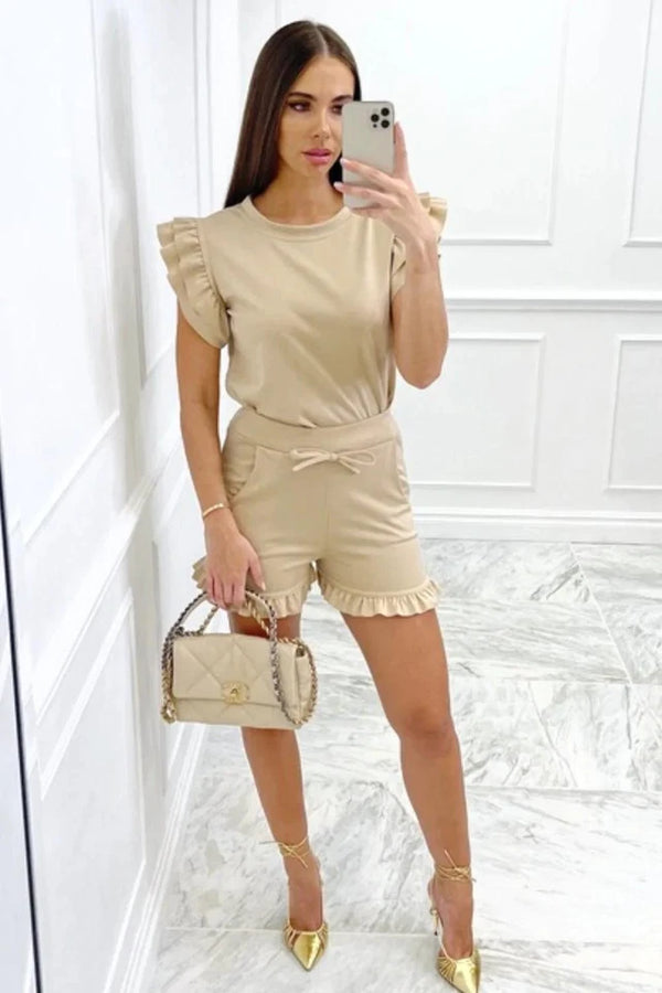 Kind Vibe Women's Frill Peplum Short Sleeve Top and Shorts Co ord Set Comfort - Beige