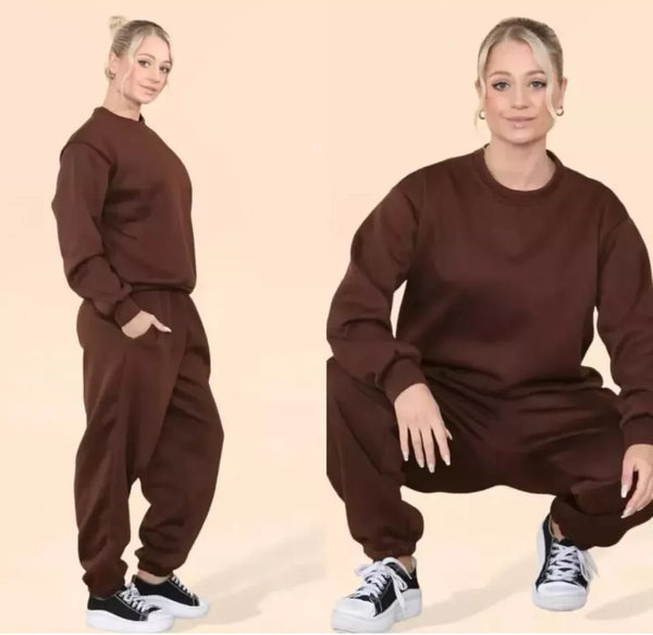 Kind Vibe Women’s Fleece Long Sleeve Oversized 2 pieces Top Bottom Loungewear Cgy Tracksuit - Chocolate