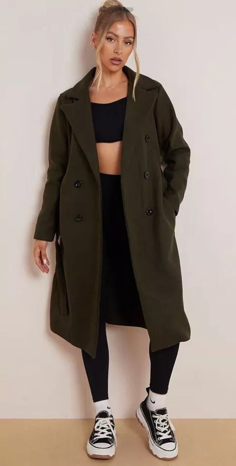 Kind Vibe Women’s Commuter Double Breasted Notch Label Waist Tie Pocket Thermal Coat Belted Jacket - Khaki