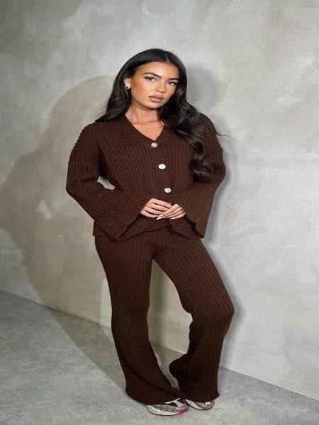 Kind Vibe Women's Premium Thick Rib Knit Loungewear Co Ord Button Set - Brown