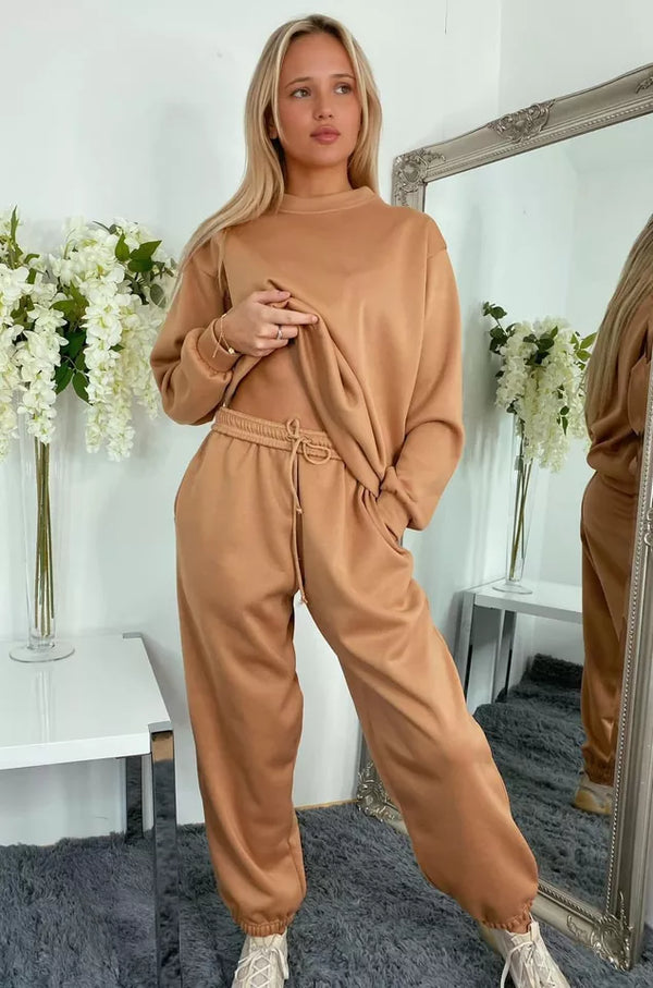 Kind Vibe Women’s Fleece Long Sleeve Oversized 2 pieces Top Bottom Loungewear Casual Girls Baggy Tracksuit - Camel
