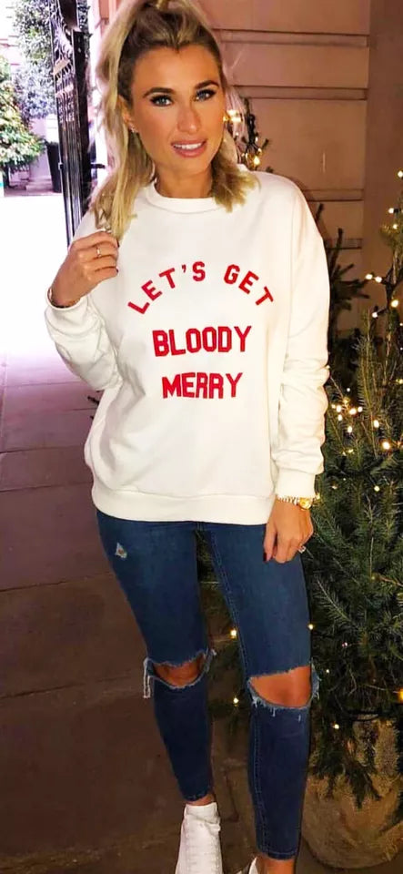 Kind Vibe Women's Let’s get bloody merry sweat shirt - White