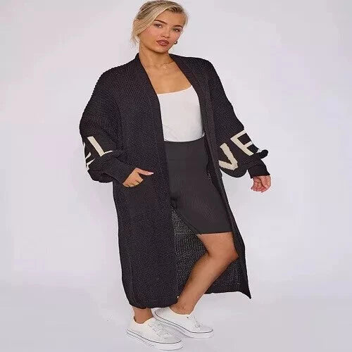 Kind Vibe Women's Longline Love Detail Balloon Sleeve Knitted Cardigan Knitwear - Black
