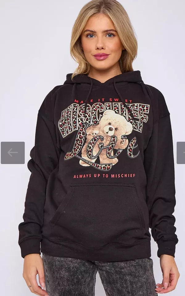 Kind Vibe Women's Long Sleeve Oversized MISCHIEF Teddy Graphic Print hoodie sweatshirt Baggy jumper Dress Womenswear - Black