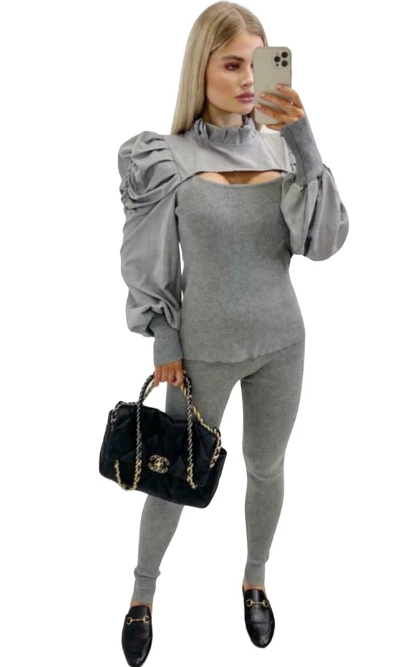 Kind Vibe Women's Cut Hole Frill High Neck Rib Tracksuit Ruffle Sleeve Loungewear Set (One Size 6-14) Comfort - Grey