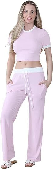 Kind Vibe Women's Ribbed Contrast Lounge Set One Size (6-12) Womenswear - Pink