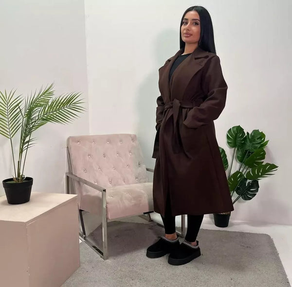 Kind Vibe Women’s lapel collar Jacket With dual Side Pockets and waist Tie Belt coat - Chocolate
