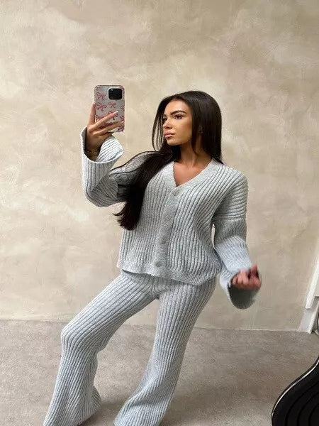 Kind Vibe Women's Premium Thick Rib Knit Loungewear Co Ord Button Set - Grey