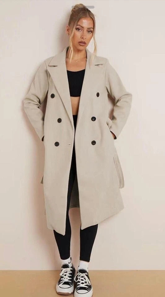 Kind Vibe Women’s Commuter Double Breasted Notch Label Waist Tie Pocket Thermal Coat Belted Jacket - Beige