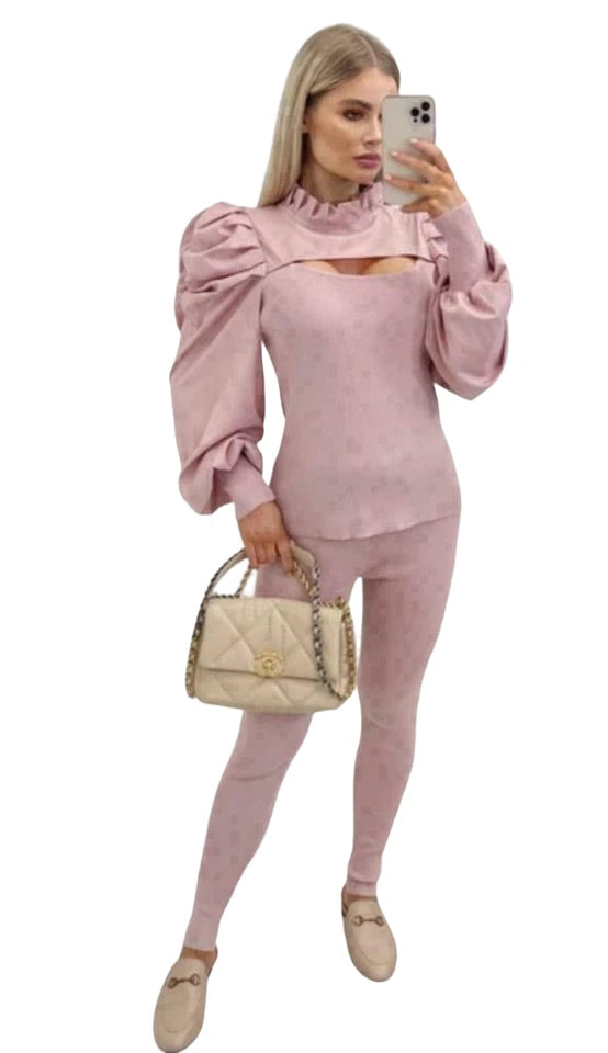 Kind Vibe Women's Cut Hole Frill High Neck Rib Tracksuit Ruffle Sleeve Loungewear Set (One Size 6-14) Comfort - Rose