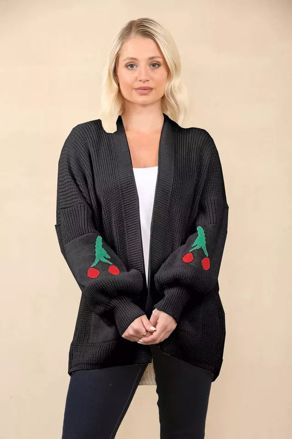 Kind Vibe Women’s Cheery Print Balloon Sleeve Short Cardigan Knitted Jumper Top Comfort - Black