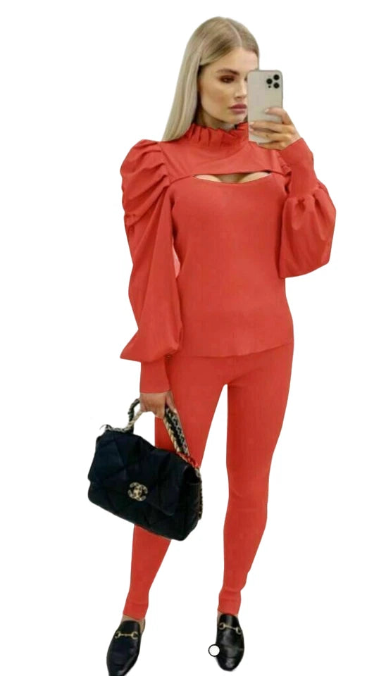 Kind Vibe Women's Cut Hole Frill High Neck Rib Tracksuit Ruffle Sleeve Loungewear Set (One Size 6-14) Comfort - Red
