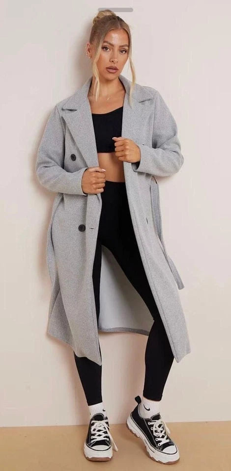 Kind Vibe Women’s Commuter Double Breasted Notch Label Waist Tie Pocket Thermal Coat Belted Jacket - Grey