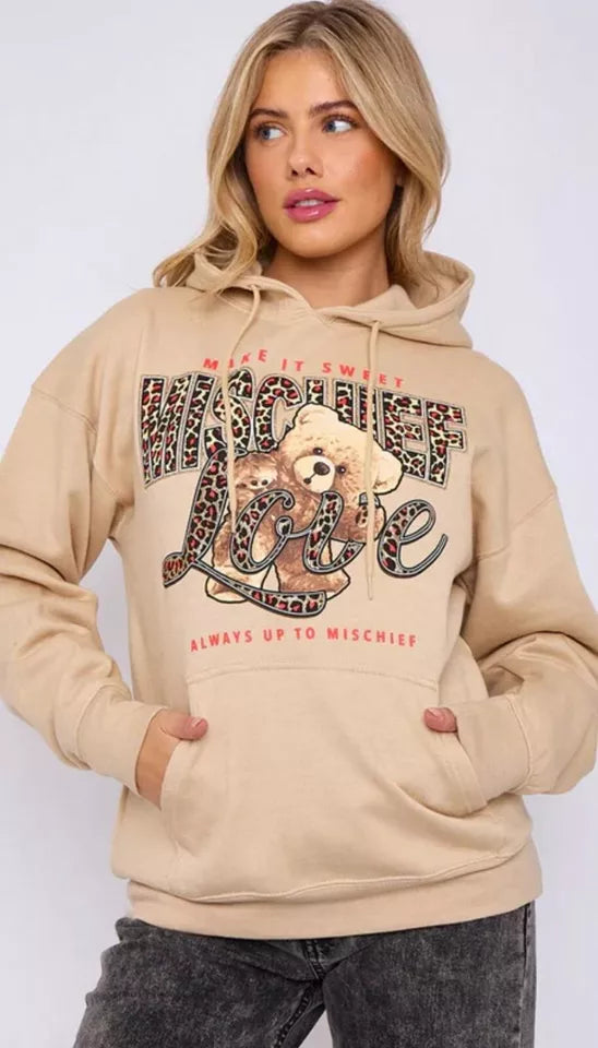 Kind Vibe Women's Long Sleeve Oversized MISCHIEF Teddy Graphic Print hoodie sweatshirt Baggy jumper Dress Womenswear - Beige