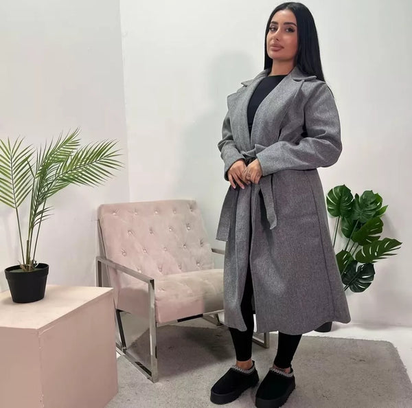Kind Vibe Women’s lapel collar Jacket With dual Side Pockets and waist Tie Belt coat - Dark Grey
