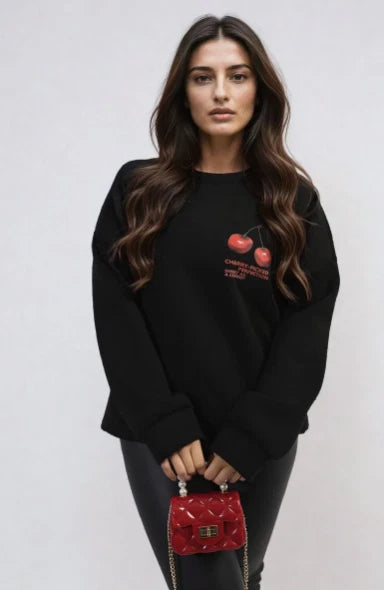 Kind Vibe Womens Cherry Perfection Print Sweat Shirt Top
