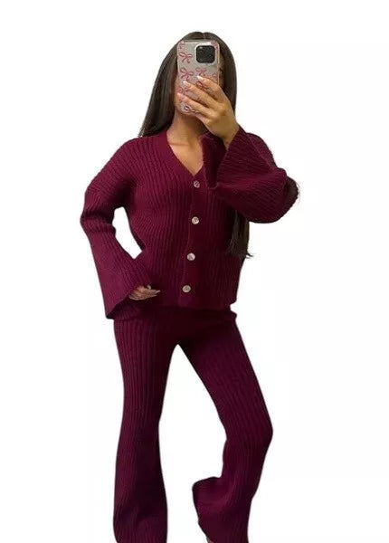Kind Vibe Women's Premium Thick Rib Knit Loungewear Co Ord Button Set - Maroon