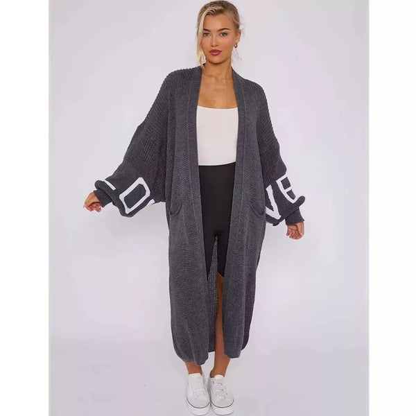 Kind Vibe Women's Longline Love Detail Balloon Sleeve Knitted Cardigan Knitwear - Charcoal
