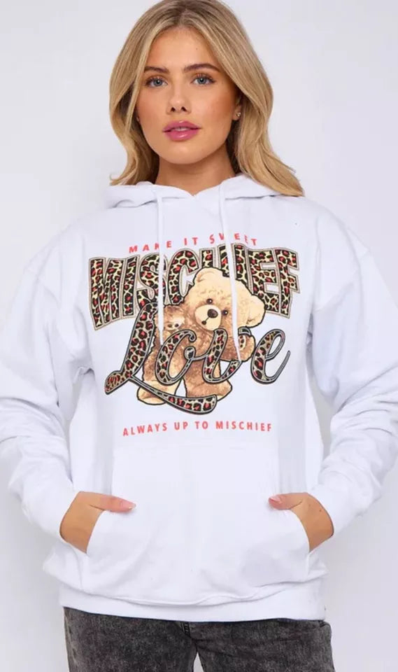 Kind Vibe Women's Long Sleeve Oversized MISCHIEF Teddy Graphic Print hoodie sweatshirt Baggy jumper Dress Womenswear - White