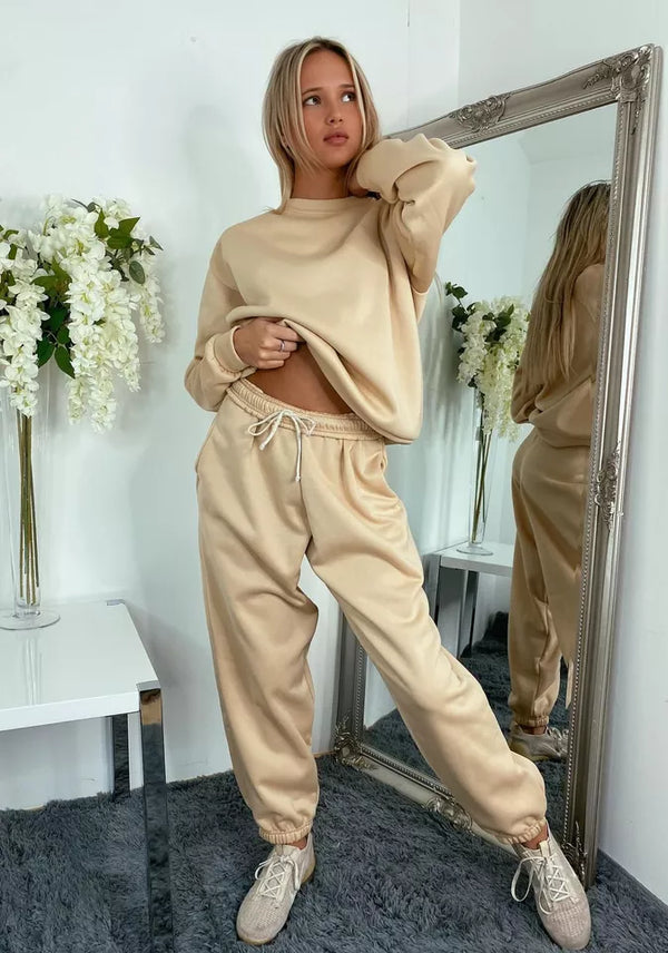 Kind Vibe Women’s Fleece Long Sleeve Oversized 2 pieces Top Bottom Loungewear Casual Girls Baggy Tracksuit - Beige