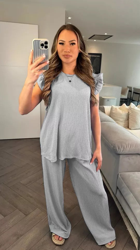 Kind Vibe Women's Super Soft Pop Corn Material Frill Short Sleeve Top Trousers 2PCS Co Ord Loungewear Set Comfortable - Grey