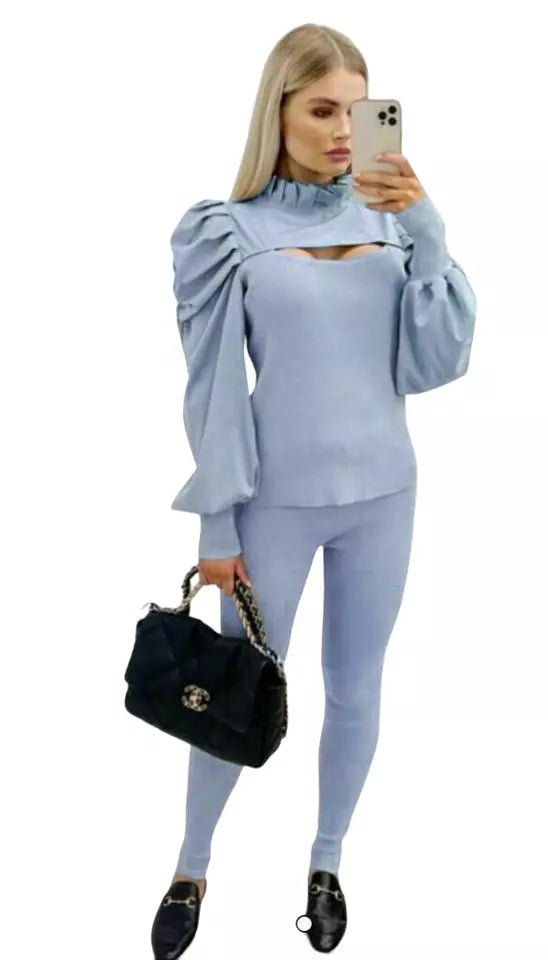 Kind Vibe Women's Cut Hole Frill High Neck Rib Tracksuit Ruffle Sleeve Loungewear Set (One Size 6-14) Comfort - Sky Blue