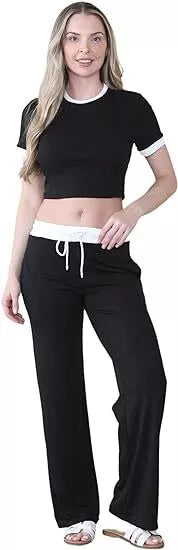 Kind Vibe Women's Ribbed Contrast Lounge Set One Size (6-12) Womenswear - Black