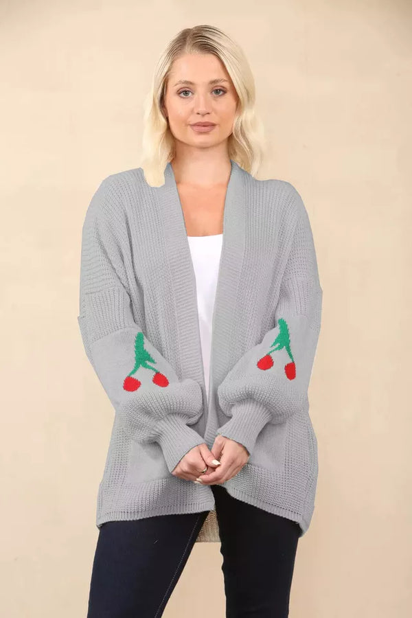 Kind Vibe Women’s Cheery Print Balloon Sleeve Short Cardigan Knitted Jumper Top Comfort - Grey