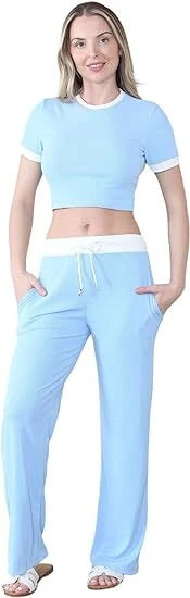 Kind Vibe Women's Ribbed Contrast Lounge Set One Size (6-12) Womenswear - Sky Blue