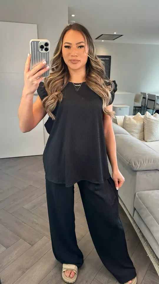 Kind Vibe Women's Super Soft Pop Corn Material Frill Short Sleeve Top Trousers 2PCS Co Ord Loungewear Set Comfortable - Black