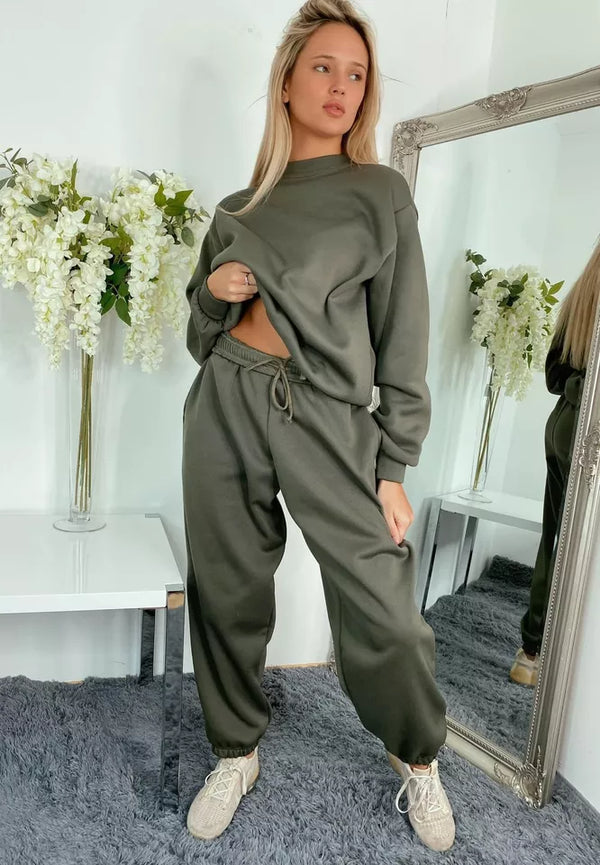 Kind Vibe Women’s Fleece Long Sleeve Oversized 2 pieces Top Bottom Loungewear Cgy Tracksuit - Khaki