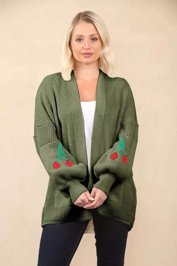 Kind Vibe Women’s Cheery Print Balloon Sleeve Short Cardigan Knitted Jumper Top Comfort - Khaki
