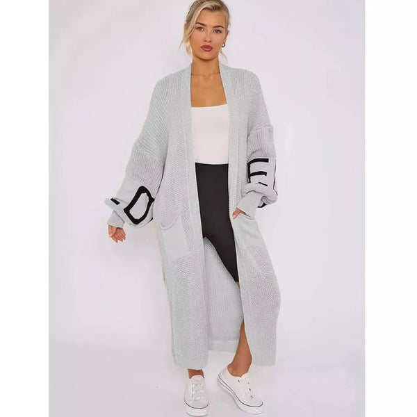 Kind Vibe Women's Longline Love Detail Balloon Sleeve Knitted Cardigan Knitwear - Light Grey