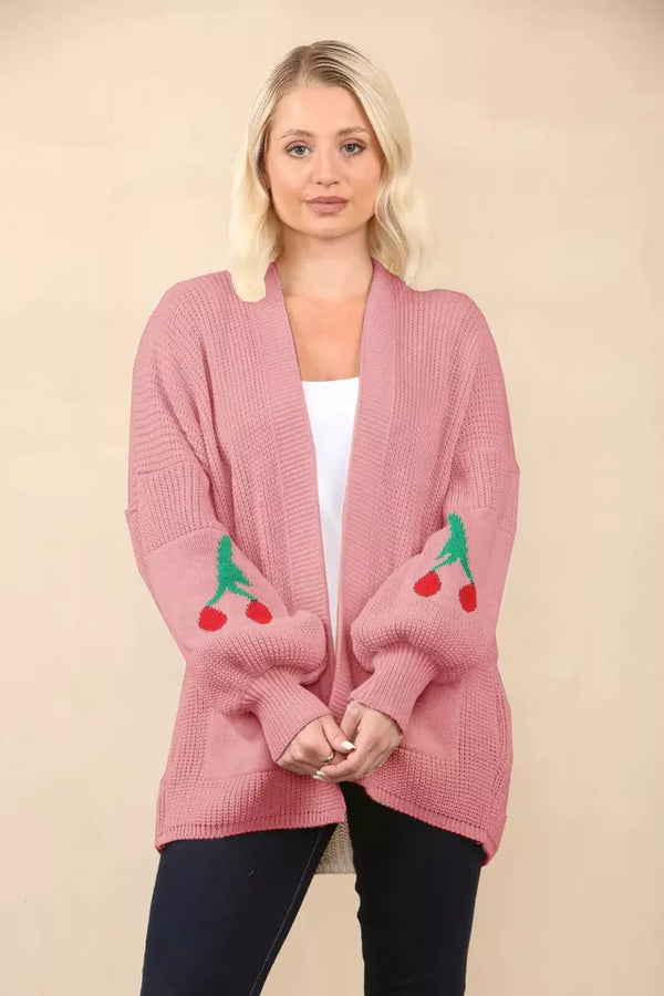 Kind Vibe Women’s Cheery Print Balloon Sleeve Short Cardigan Knitted Jumper Top Comfort - Pink