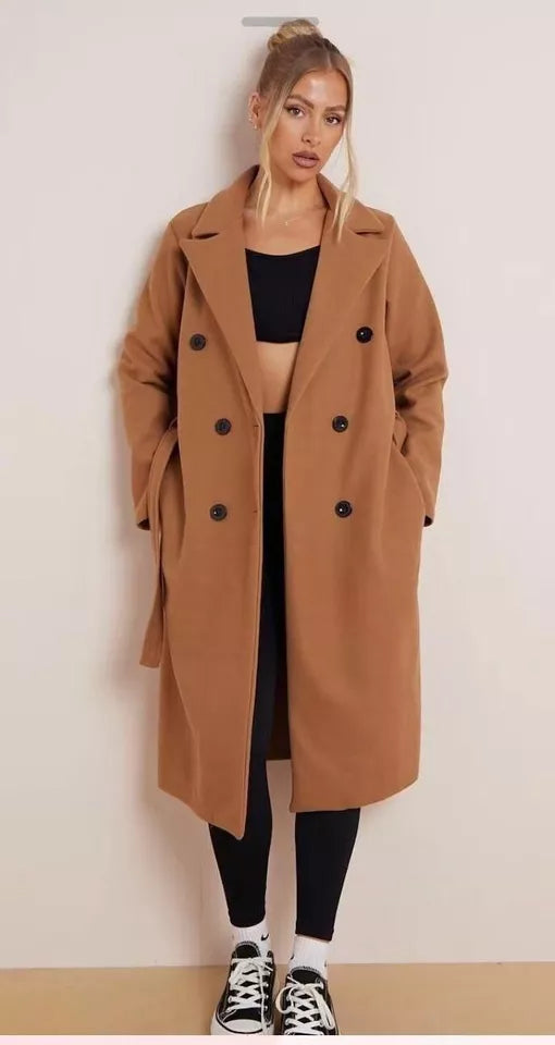 Kind Vibe Women’s Commuter Double Breasted Notch Label Waist Tie Pocket Thermal Coat Belted Jacket - Camel